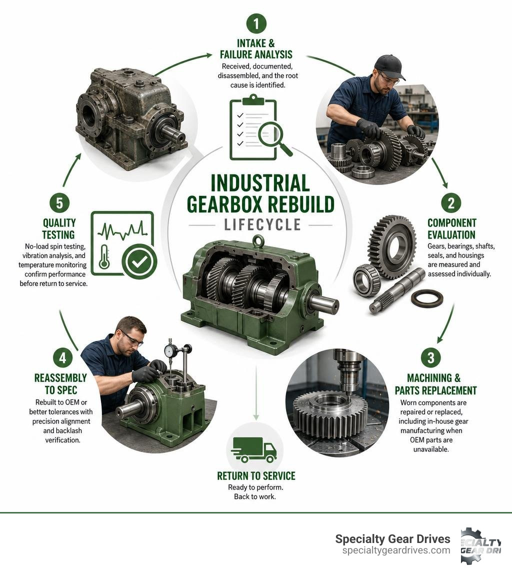 Industrial gearbox rebuild lifecycle from intake and teardown to testing and return to service infographic Industrial gearbox rebuild lifecycle from intake and teardown to testing and return to service infographic