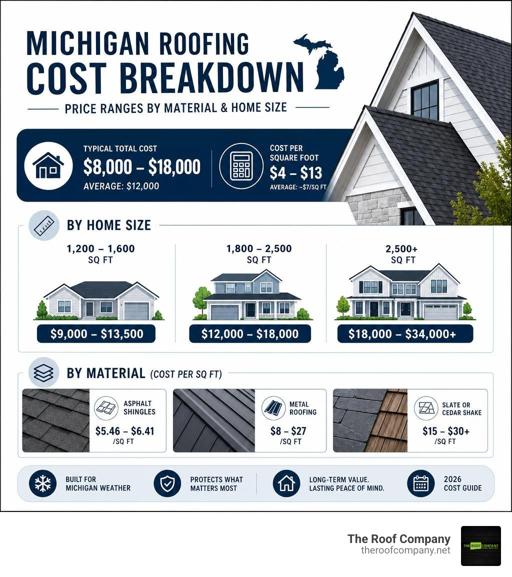 Michigan roofing cost breakdown infographic with price ranges by material and home size infographic
