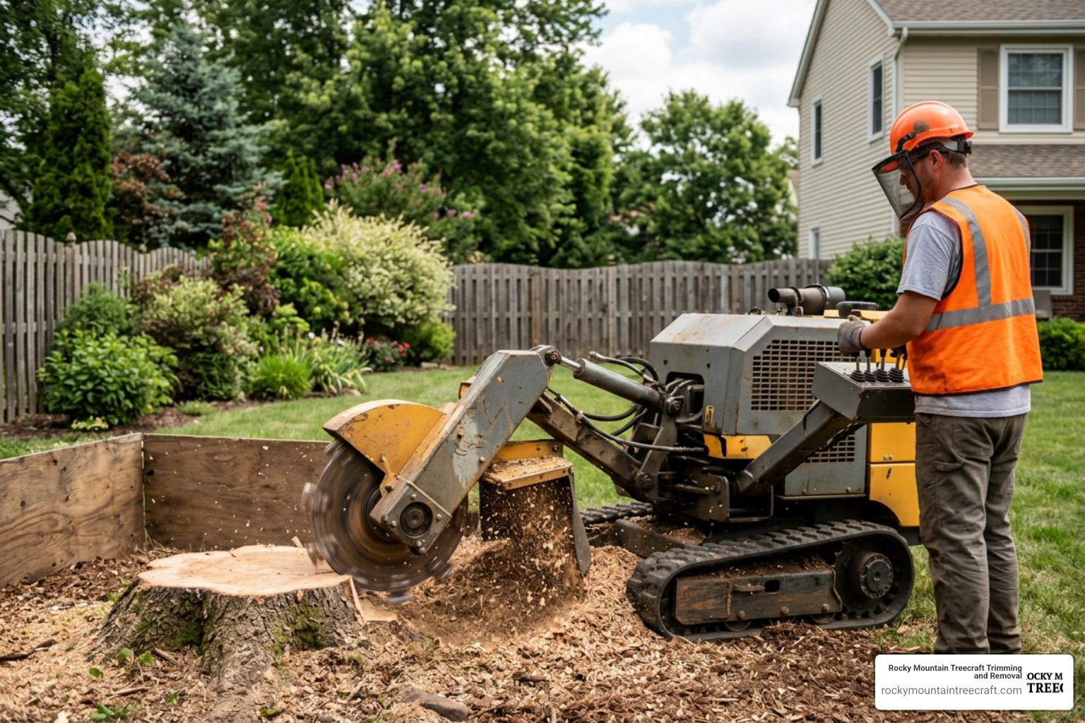 professional stump grinder machine in action