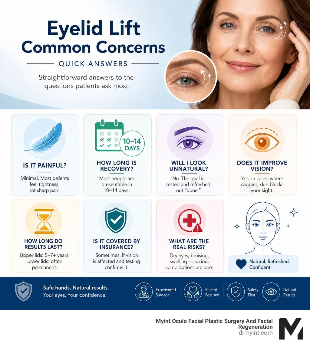 Infographic showing common eyelid lift concerns with quick answers on pain, recovery, results, and risks infographic Infographic showing common eyelid lift concerns with quick answers on pain, recovery, results, and risks infographic