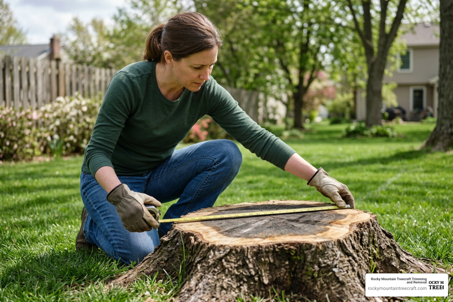 A homeowner using a tape measure at ground level to measure the widest diameter of a stump