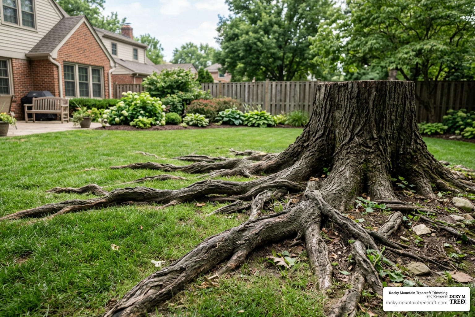 complex tree roots spreading across a green lawn near a stump