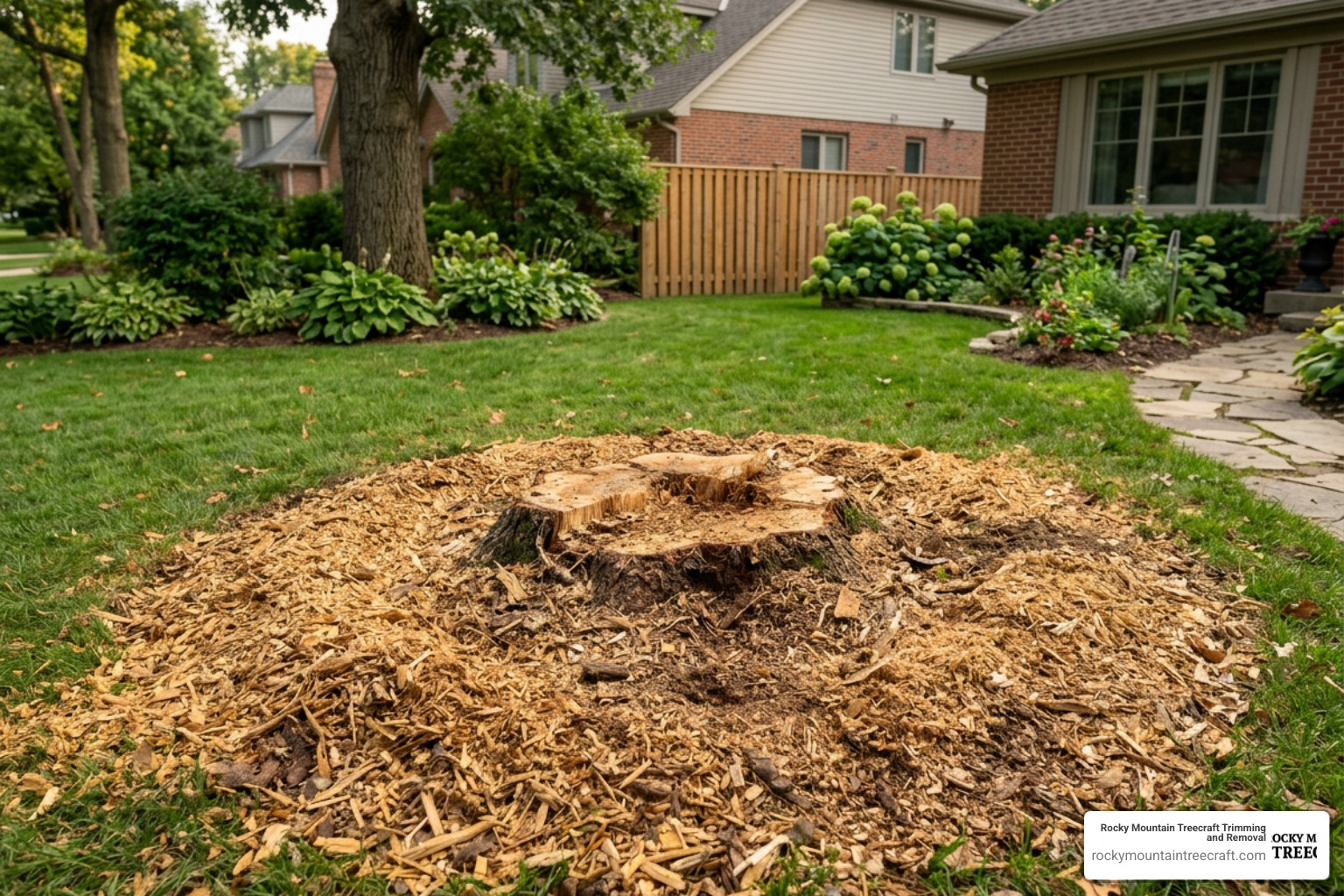 a freshly ground tree stump in a residential yard surrounded by wood chips