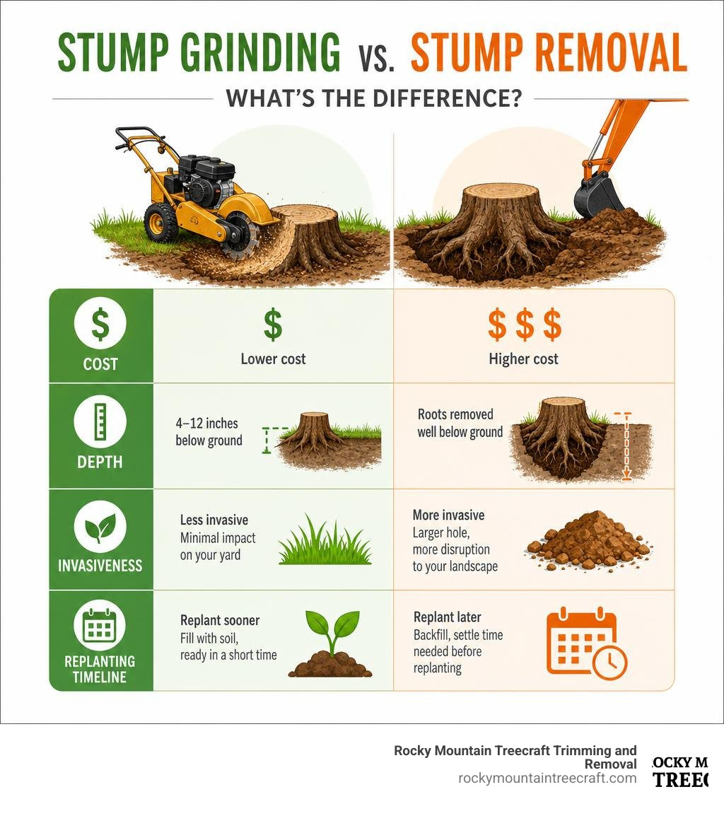 Infographic comparing stump grinding vs stump removal, showing cost, depth, invasiveness, and replanting timeline infographic