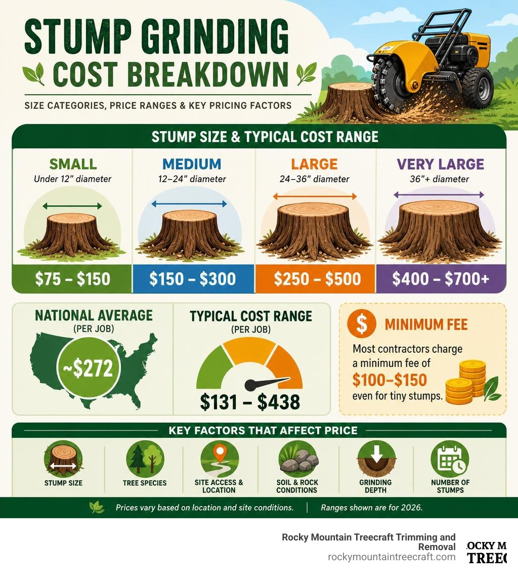 stump grinding cost breakdown infographic with size categories, price ranges, and key pricing factors infographic