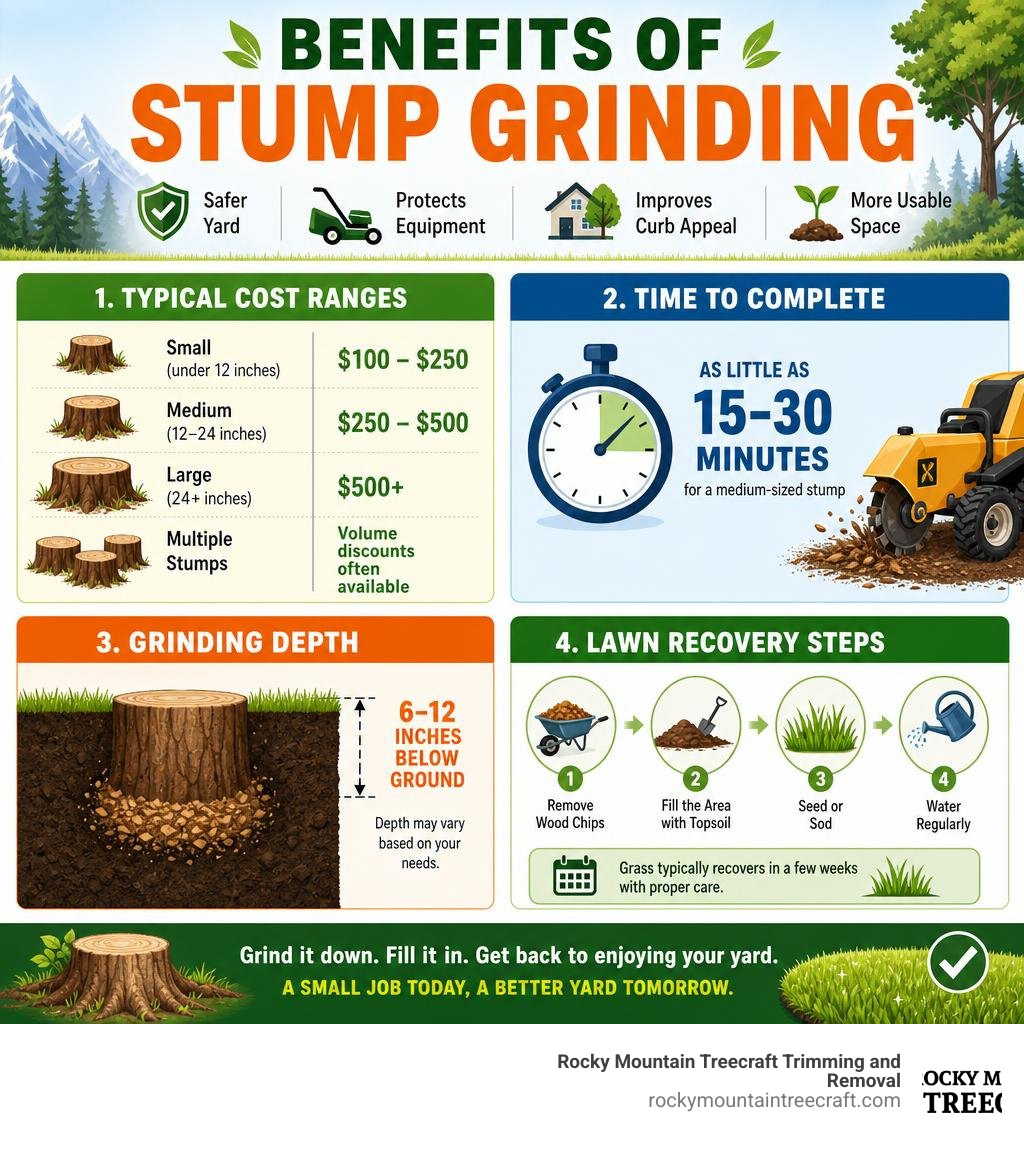 Benefits of stump grinding infographic showing cost ranges, time to complete, grinding depth, and lawn recovery steps