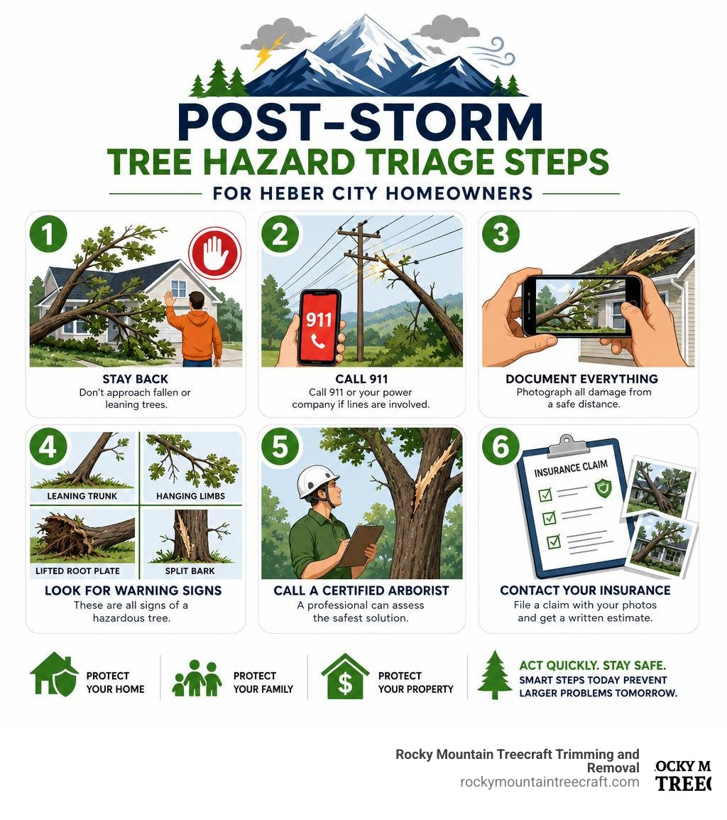 Post-storm tree hazard triage steps for Heber City homeowners infographic
