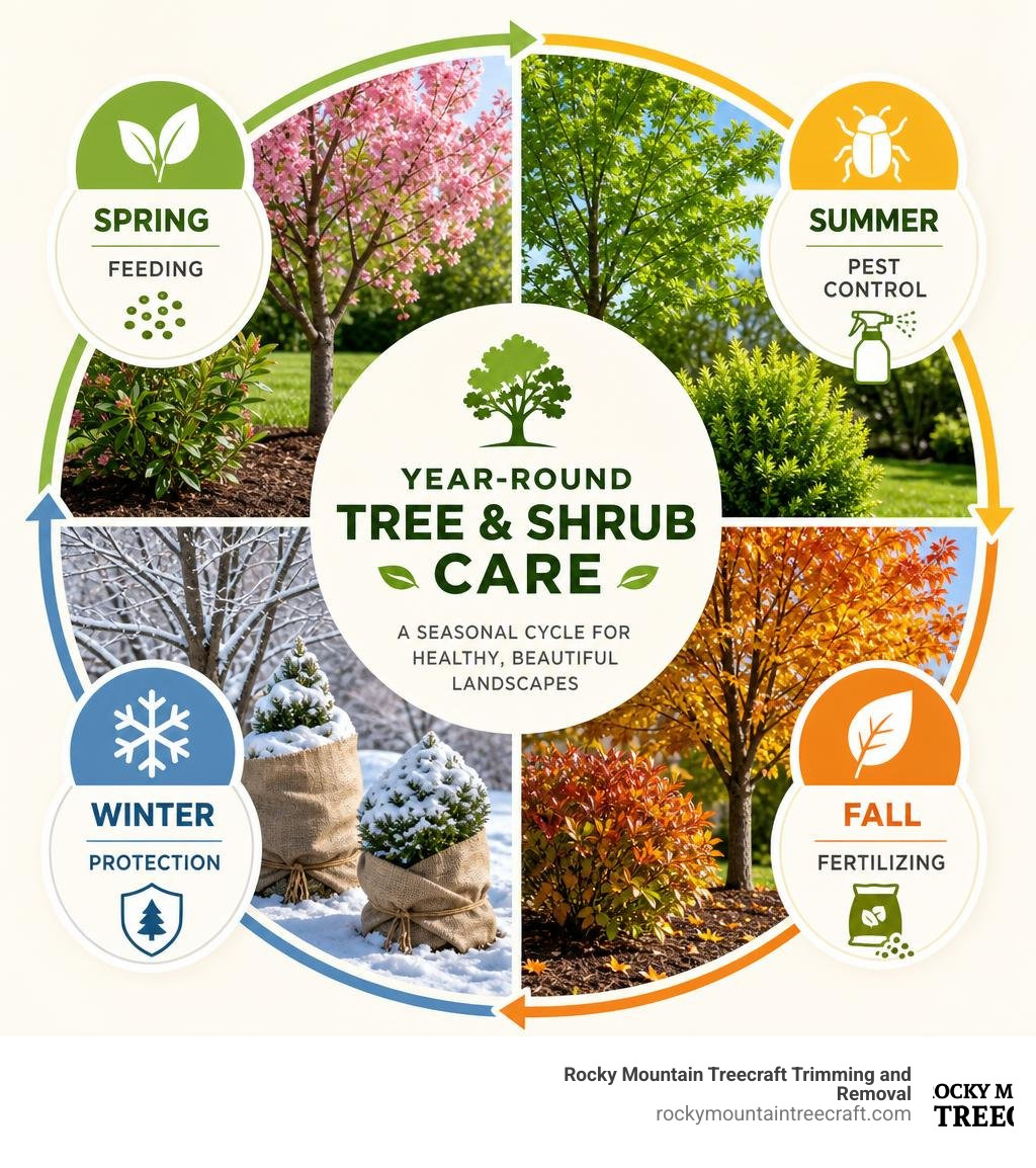 Seasonal cycle of tree and shrub care showing spring feeding, summer pest control, fall fertilizing, and winter protection Seasonal cycle of tree and shrub care showing spring feeding, summer pest control, fall fertilizing, and winter protection