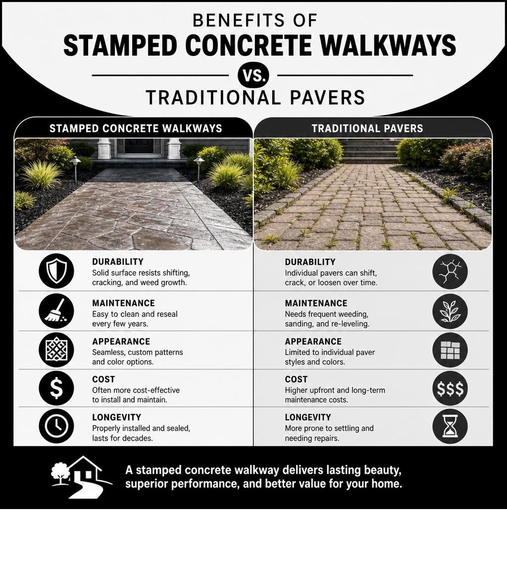 Benefits of stamped concrete walkways vs. traditional pavers infographic infographic