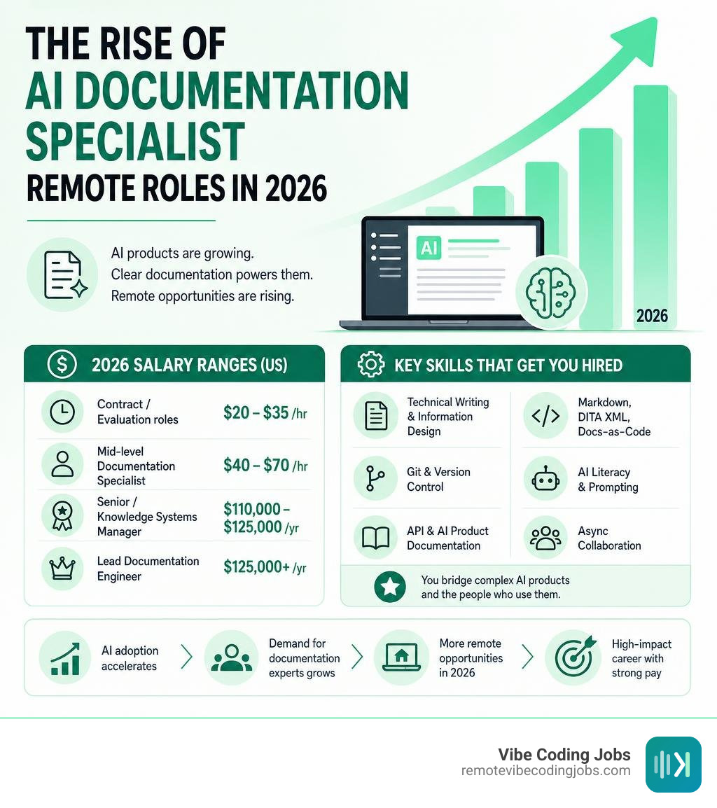 Infographic showing rise of AI documentation specialist remote roles in 2026 with salary ranges and key skills infographic Infographic showing rise of AI documentation specialist remote roles in 2026 with salary ranges and key skills infographic