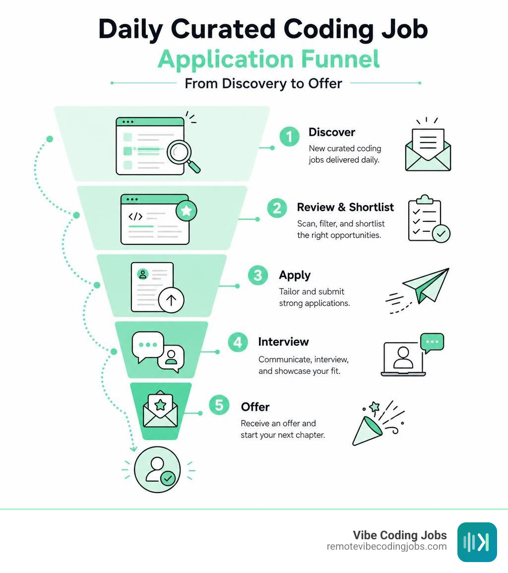 Daily curated coding job application funnel from discovery to offer infographic