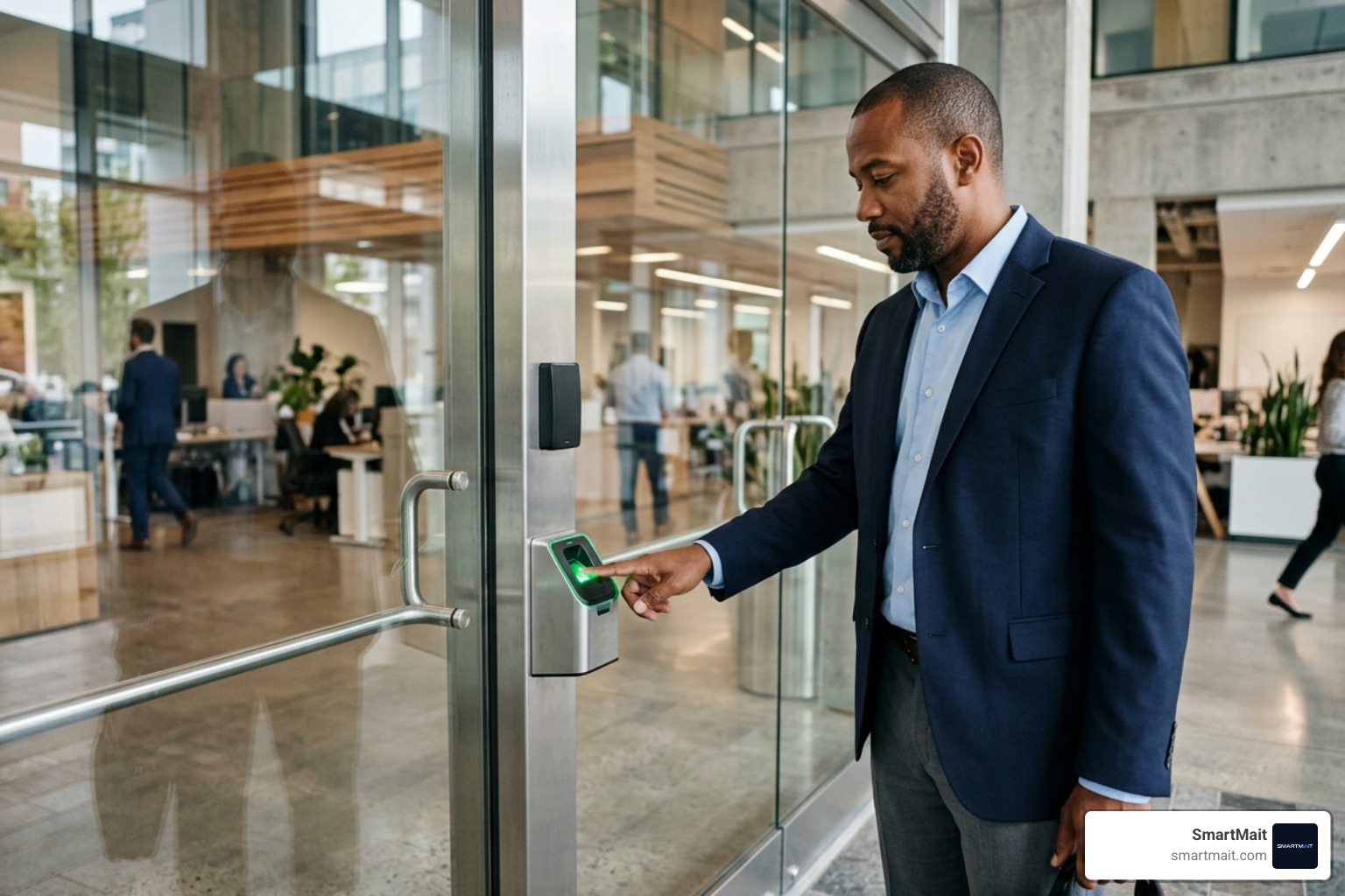 User scanning fingerprint at a secure office door entrance User scanning fingerprint at a secure office door entrance
