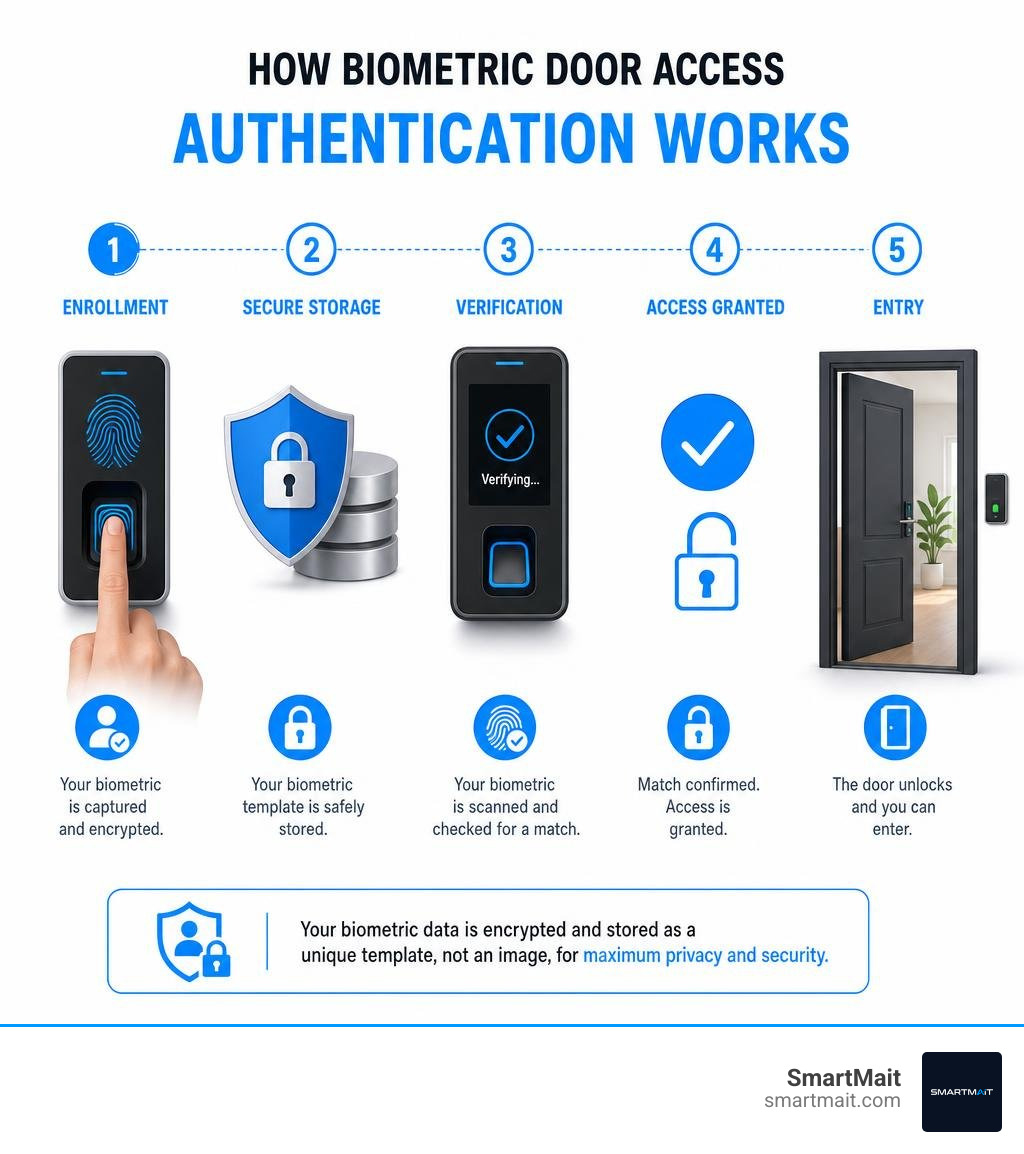 How biometric door access authentication works step by step from enrollment to entry infographic How biometric door access authentication works step by step from enrollment to entry infographic