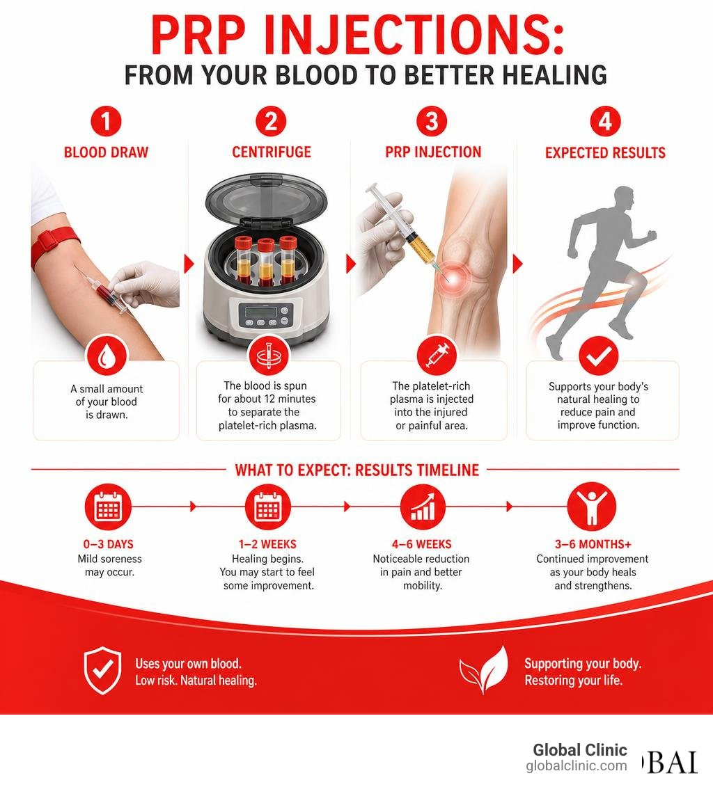 Infographic showing PRP preparation steps blood draw centrifuge injection and expected results timeline infographic