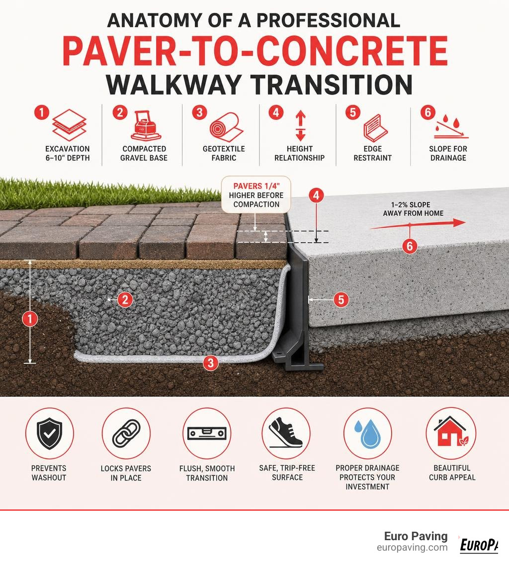Anatomy of a professional paver-to-concrete walkway transition showing base layers, geotextile, edging, and height