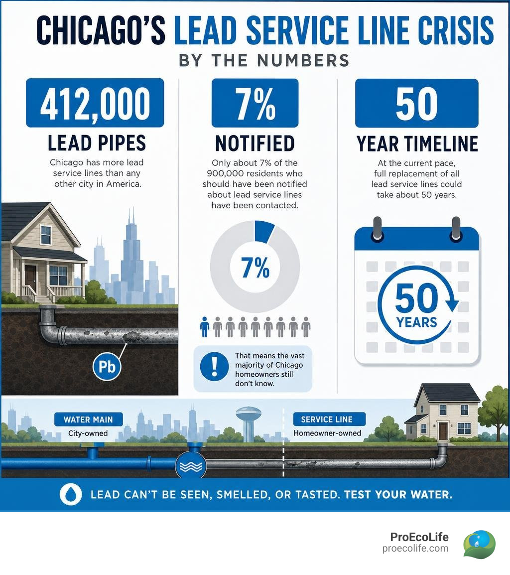 Chicago lead service line crisis infographic: 412,000 lead pipes, 7% notified, 50-year replacement timeline infographic Chicago lead service line crisis infographic: 412,000 lead pipes, 7% notified, 50-year replacement timeline infographic
