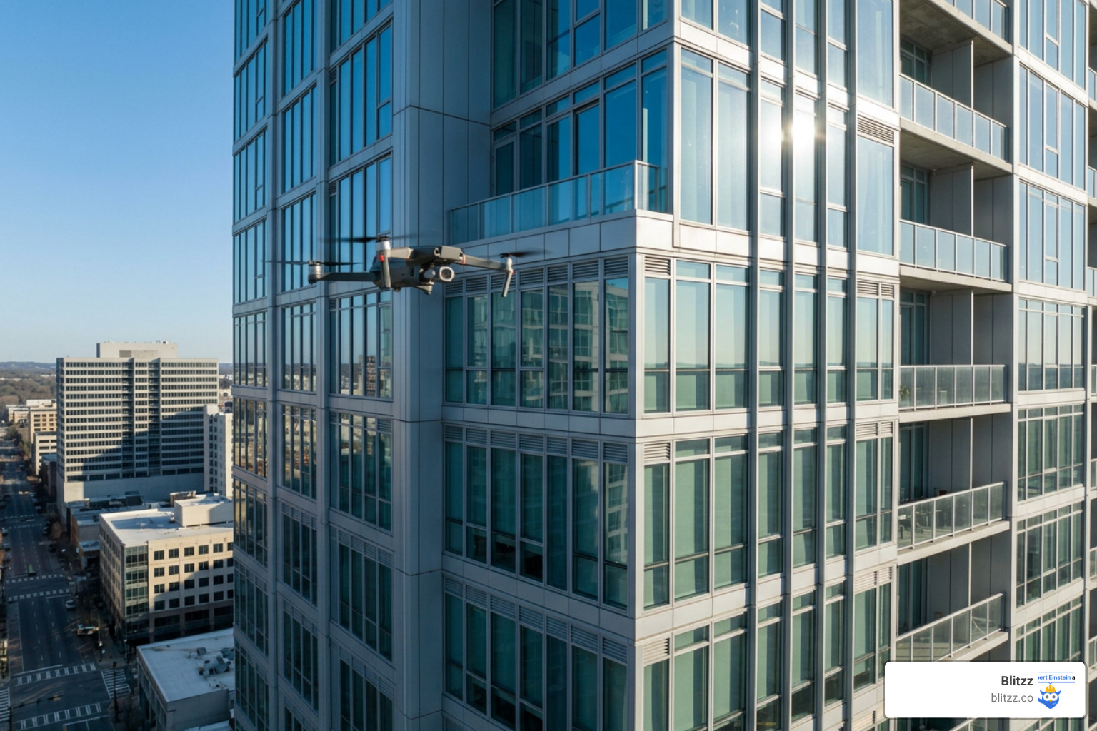 A drone conducting a high-resolution visual inspection of a high-rise building facade