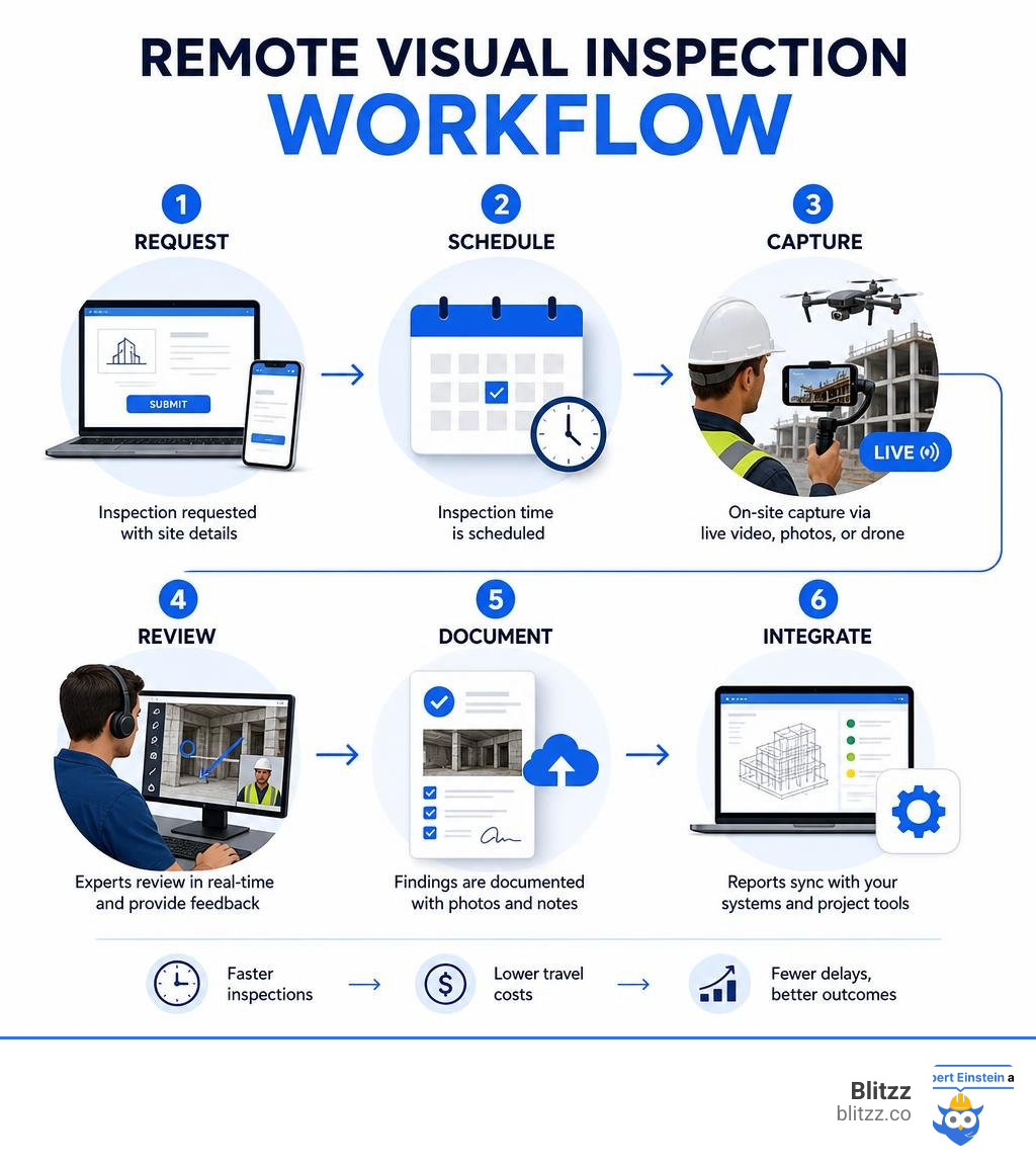 Remote visual inspection workflow: request, schedule, capture, review, document, integrate infographic