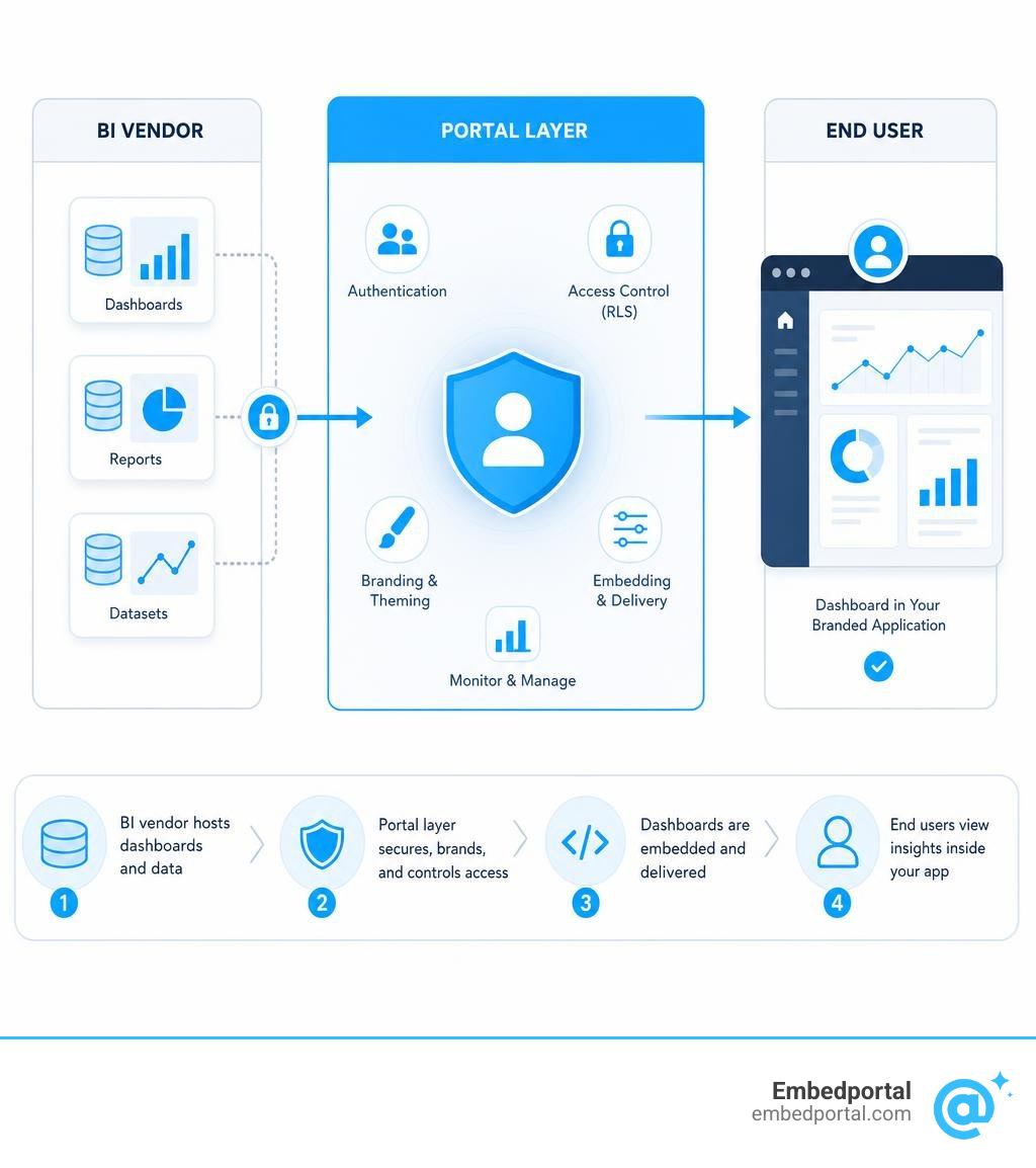 Flow of embedded BI dashboards from BI vendor through portal layer to end user in branded app infographic Flow of embedded BI dashboards from BI vendor through portal layer to end user in branded app infographic