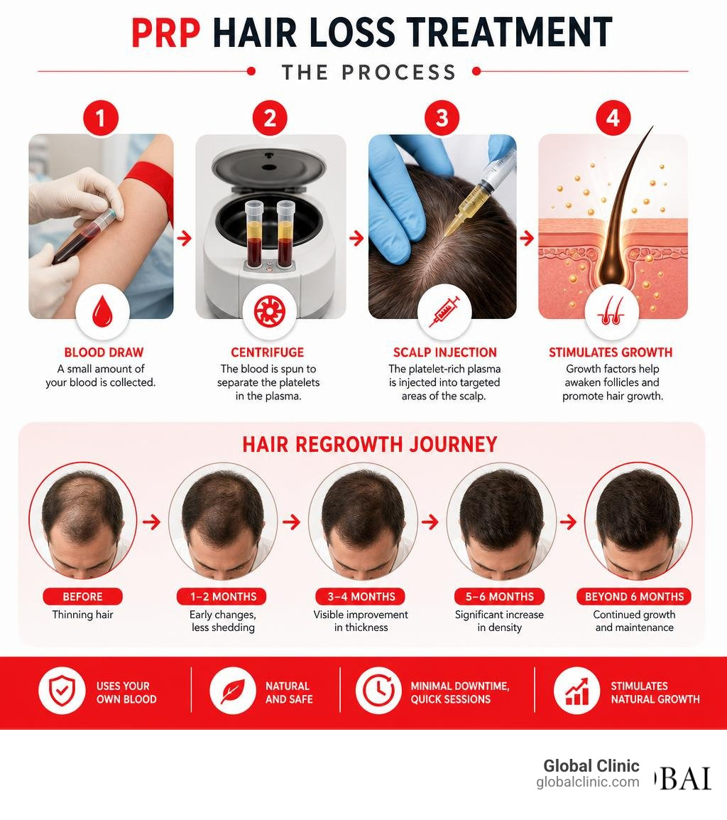 PRP hair loss treatment process: blood draw, centrifuge, scalp injection, and hair regrowth stages infographic PRP hair loss treatment process: blood draw, centrifuge, scalp injection, and hair regrowth stages infographic