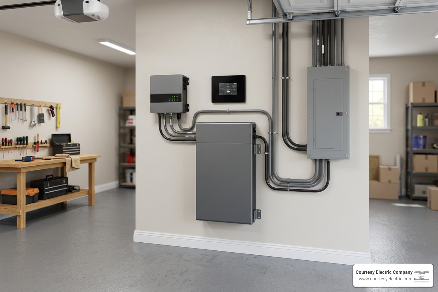 A clean, professionally installed home battery system mounted on a garage wall A clean, professionally installed home battery system mounted on a garage wall