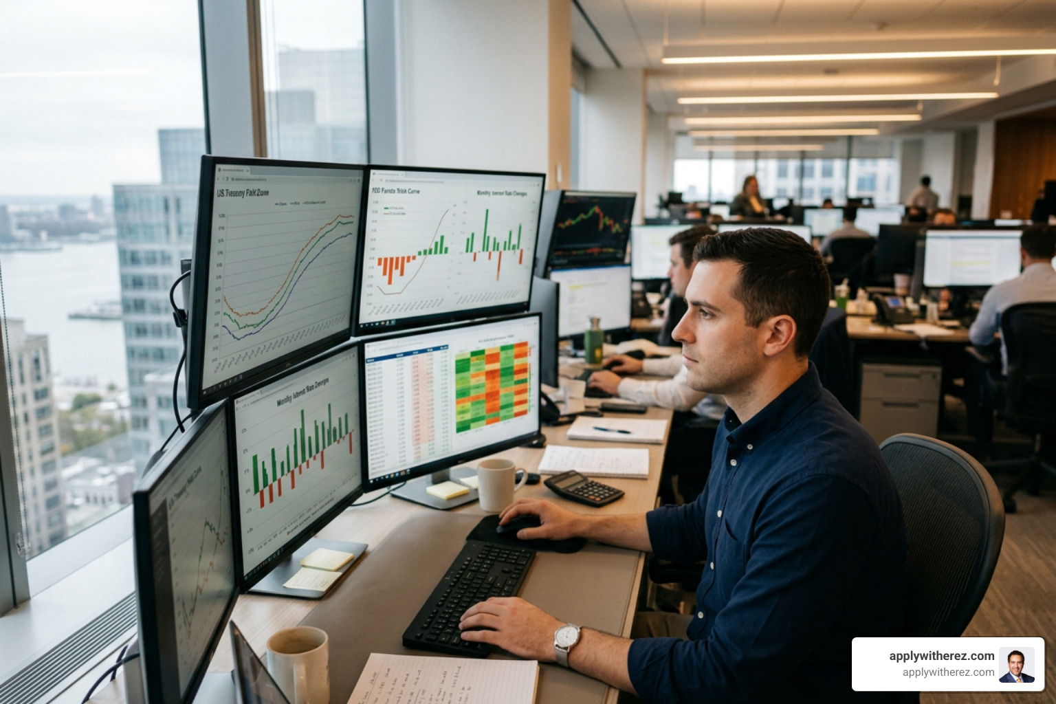 Financial analyst tracking interest rates and Treasury yields