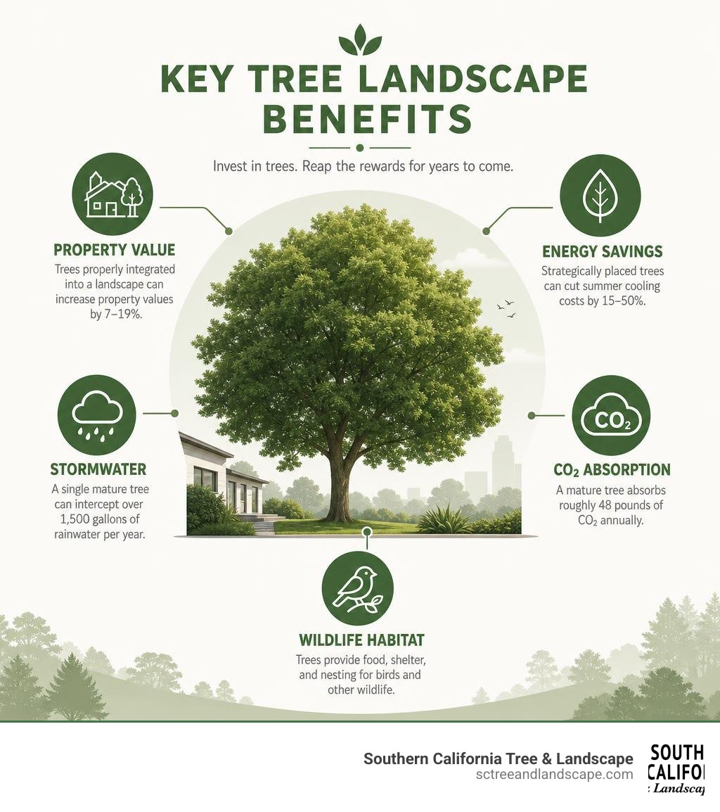 Key tree landscape benefits: property value, energy savings, stormwater, CO2, and wildlife habitat infographic Key tree landscape benefits: property value, energy savings, stormwater, CO2, and wildlife habitat infographic