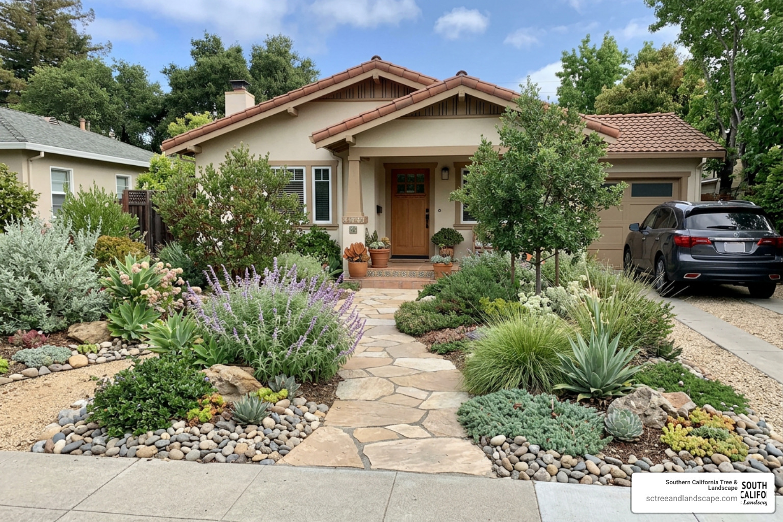 Drought-tolerant native plants and decorative rock mulch in a beautifully designed South Bay front yard Drought-tolerant native plants and decorative rock mulch in a beautifully designed South Bay front yard