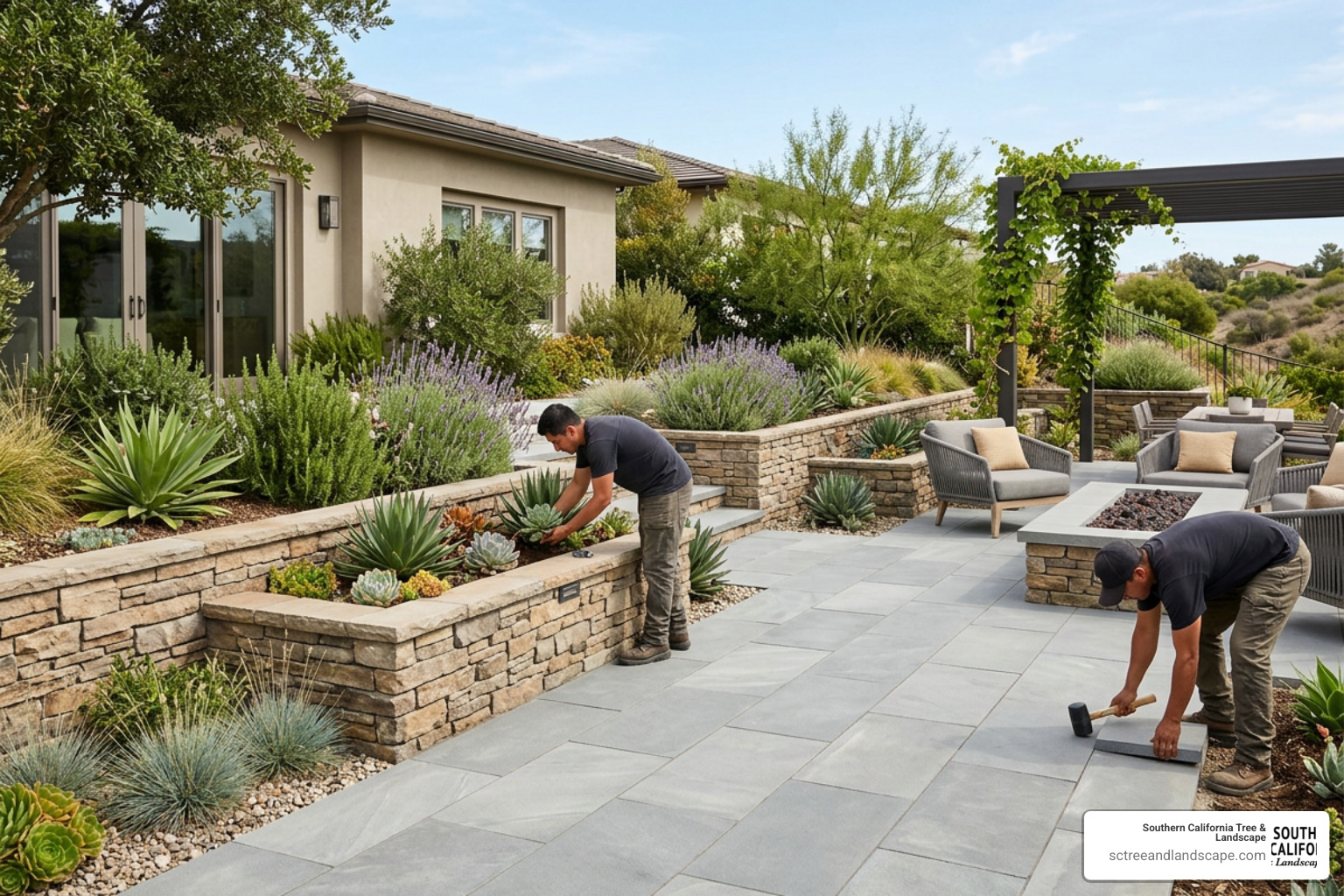 Modern hardscape installation featuring a paved patio, retaining walls, and drought-tolerant plantings Modern hardscape installation featuring a paved patio, retaining walls, and drought-tolerant plantings