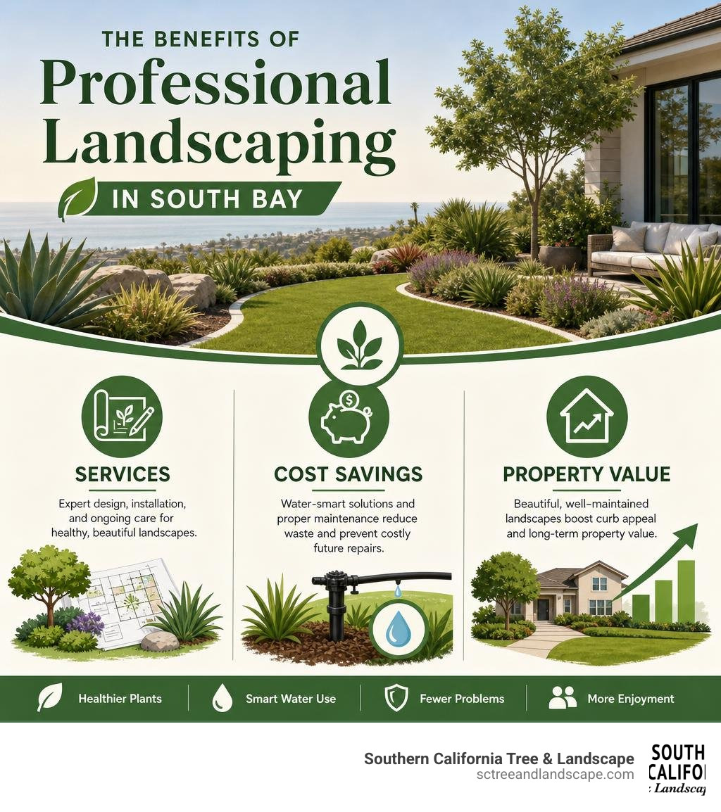 Benefits of professional landscaping in South Bay infographic with services, cost savings, and property value gains Benefits of professional landscaping in South Bay infographic with services, cost savings, and property value gains