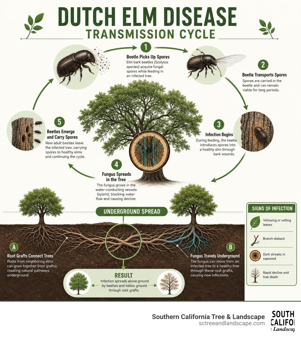 Dutch elm disease transmission cycle showing beetles, spores, root grafts, and infection stages infographic Dutch elm disease transmission cycle showing beetles, spores, root grafts, and infection stages infographic