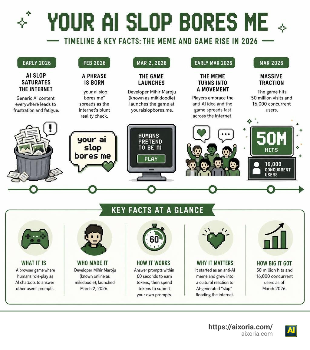 Timeline and key facts about the Your AI Slop Bores Me game and meme rise in 2026 infographic Timeline and key facts about the Your AI Slop Bores Me game and meme rise in 2026 infographic