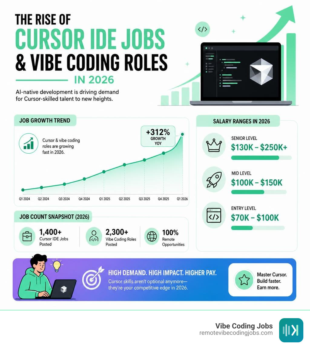 rise of Cursor IDE jobs and vibe coding roles in 2026 with salary ranges and job counts infographic