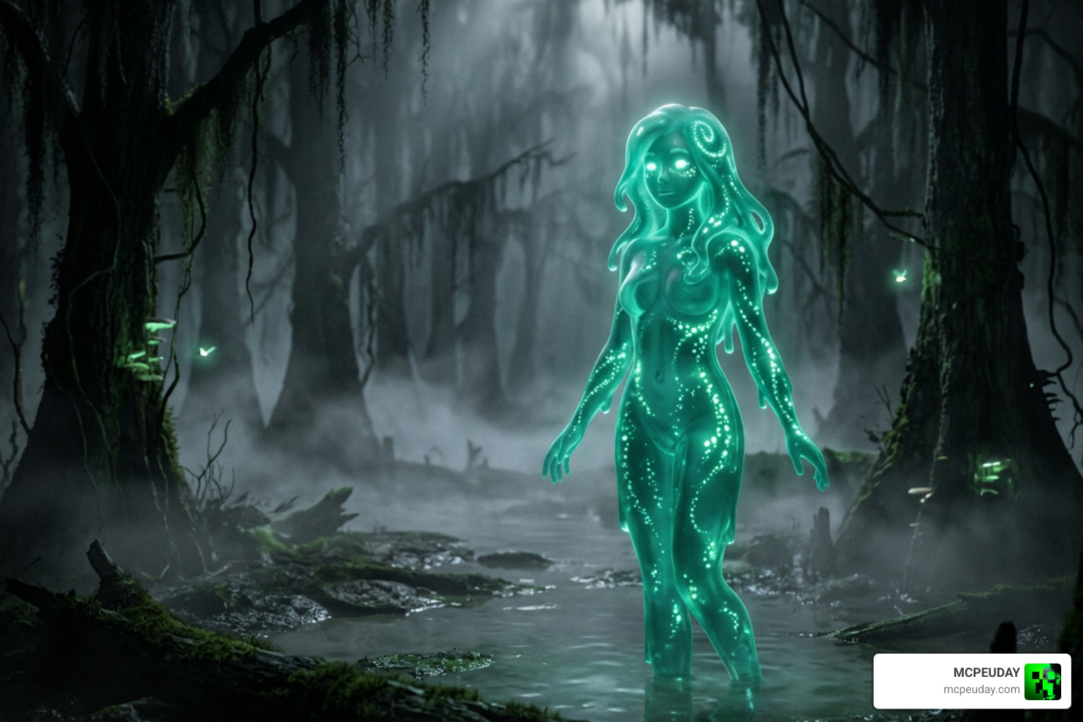 A vibrant Slime Girl companion standing in a misty swamp biome at night