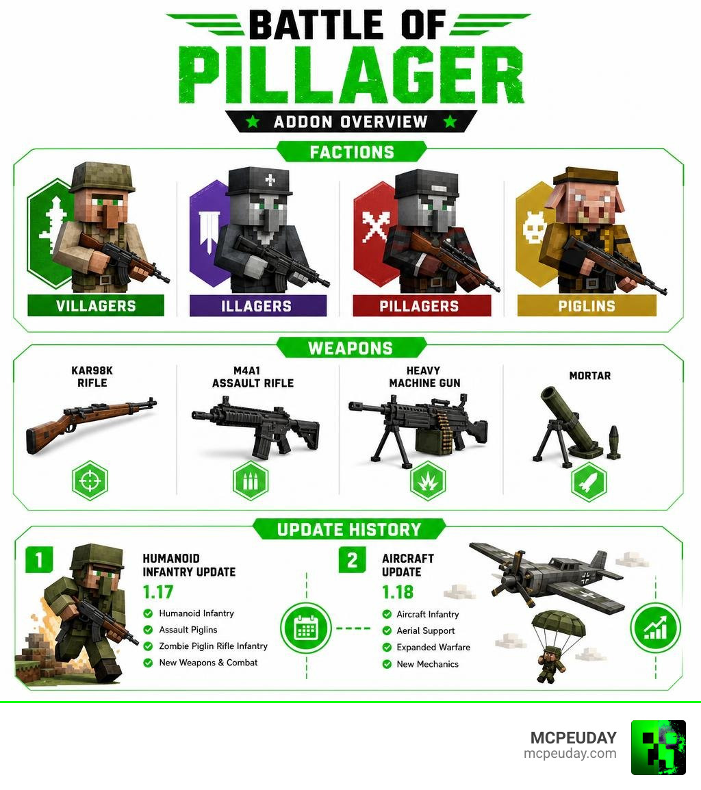 Infographic showing Battle of Pillager addon factions weapons and update history infographic Infographic showing Battle of Pillager addon factions weapons and update history infographic