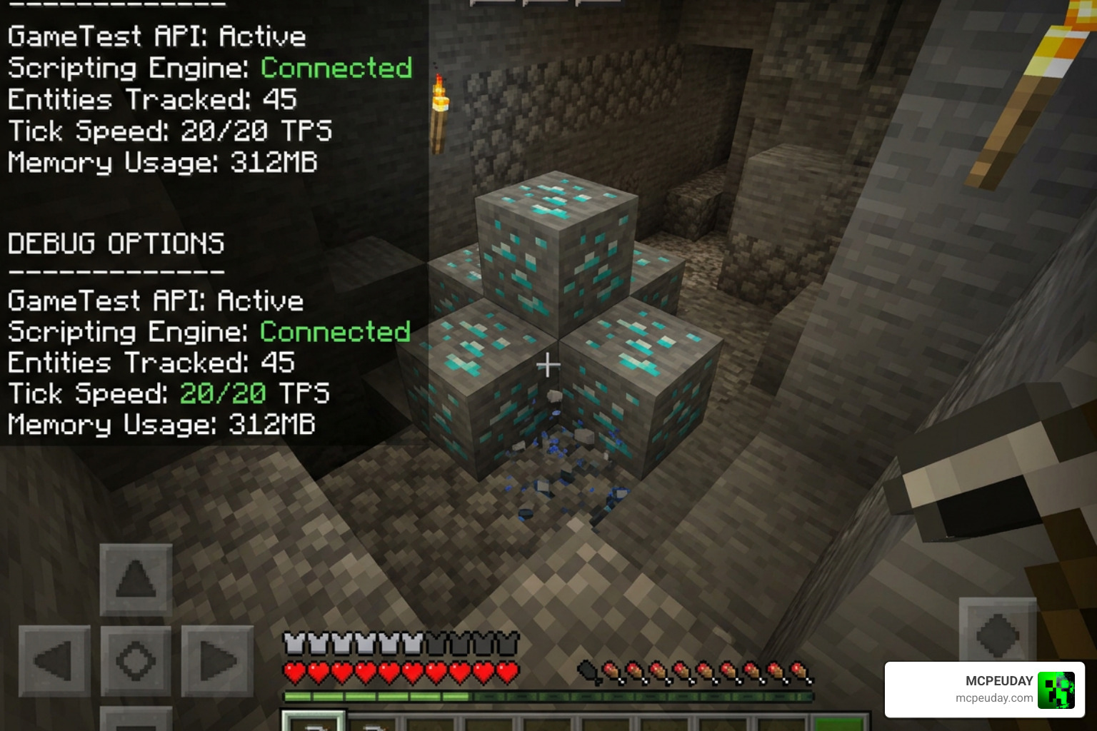 Mining diamond ore vein GameTest API compatibility Minecraft Bedrock