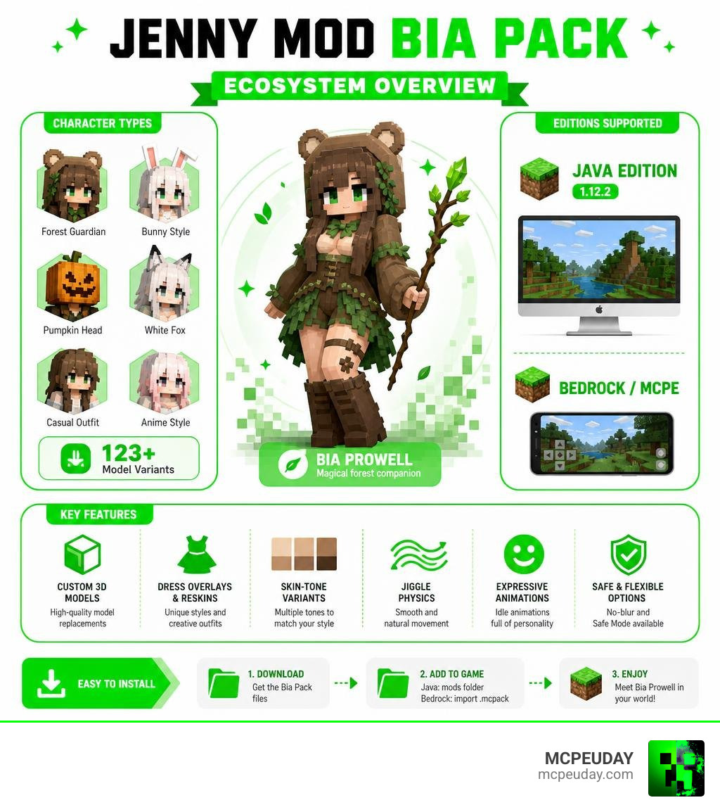 Jenny Mod Bia Pack ecosystem overview infographic with character types, editions, and features infographic Jenny Mod Bia Pack ecosystem overview infographic with character types, editions, and features infographic