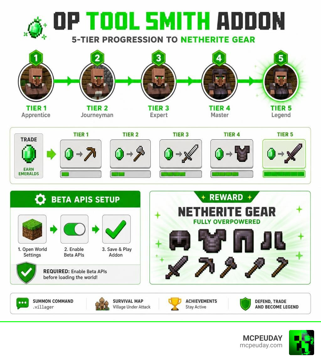 OP Tool Smith Addon progression from tier 1 trades to tier 5 Netherite gear with Beta APIs setup infographic OP Tool Smith Addon progression from tier 1 trades to tier 5 Netherite gear with Beta APIs setup infographic