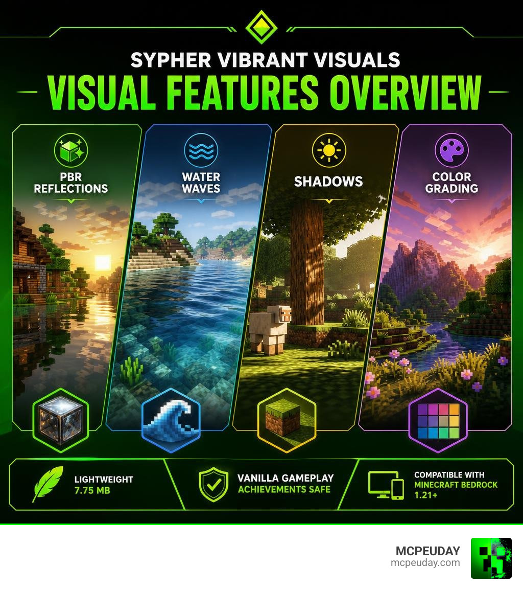 Sypher Vibrant Visuals Shader Pack visual features overview: PBR reflections, water waves, shadows, color grading infographic