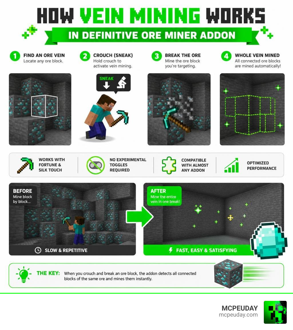 How vein mining works in Definitive Ore Miner Addon for Minecraft Bedrock infographic