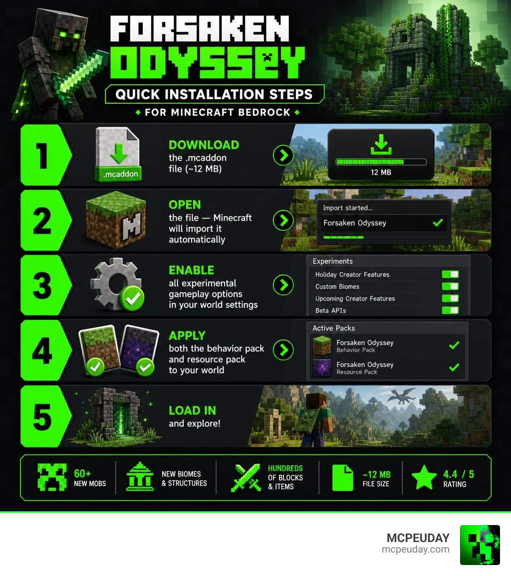 Quick installation steps for Forsaken Odyssey Addon on Minecraft Bedrock infographic Quick installation steps for Forsaken Odyssey Addon on Minecraft Bedrock infographic