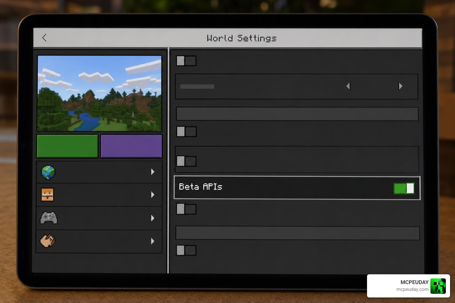 Minecraft Bedrock experimental settings menu highlighting Beta APIs toggle Minecraft Bedrock experimental settings menu highlighting Beta APIs toggle