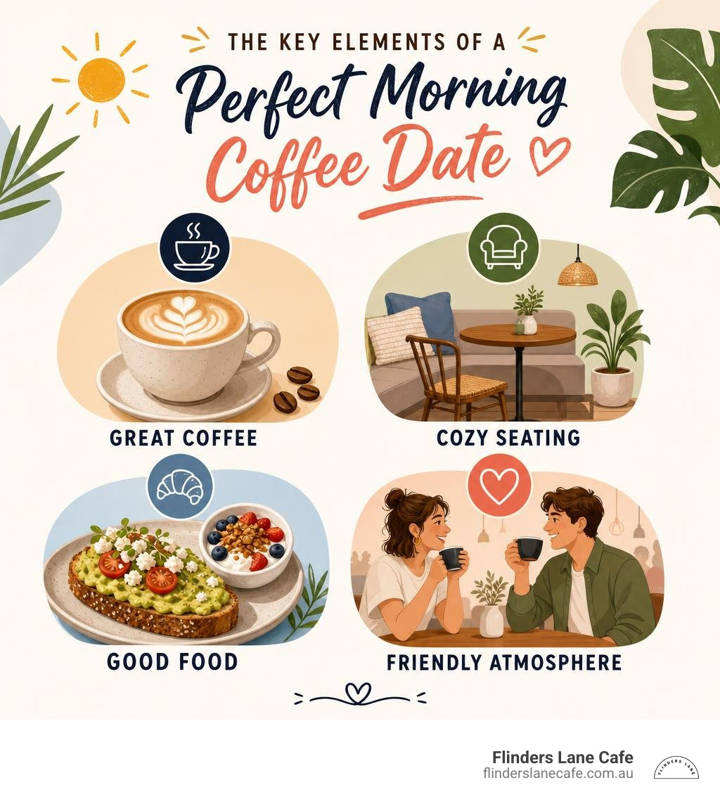 infographic showing the key elements of a perfect morning coffee date: great coffee, cozy seating, good food, friendly