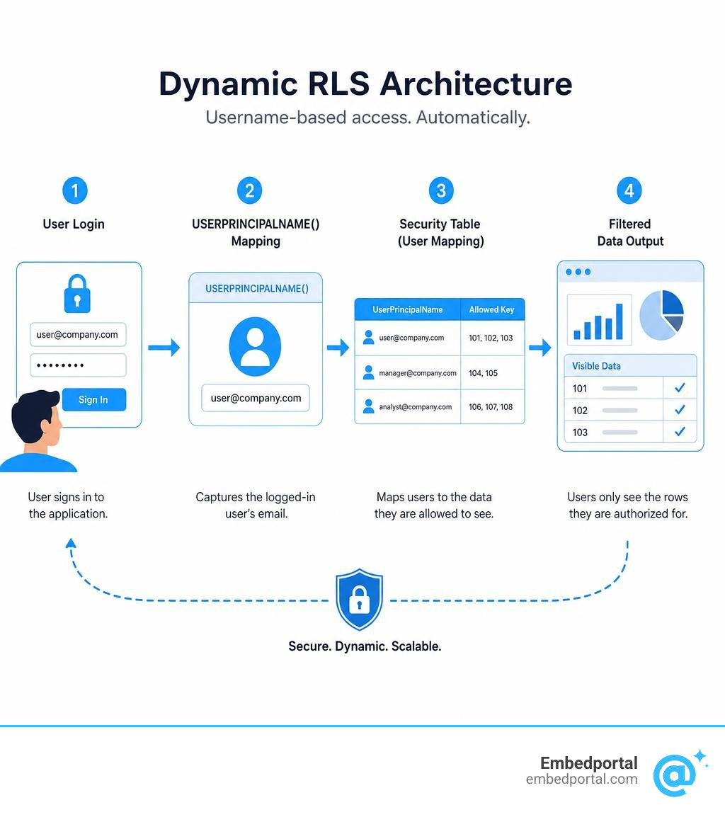Dynamic RLS architecture: user login, USERPRINCIPALNAME mapping, security table, filtered data output infographic Dynamic RLS architecture: user login, USERPRINCIPALNAME mapping, security table, filtered data output infographic