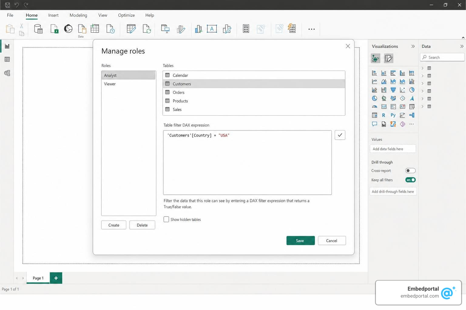 Power BI Desktop Manage Roles configuration dialog Power BI Desktop Manage Roles configuration dialog