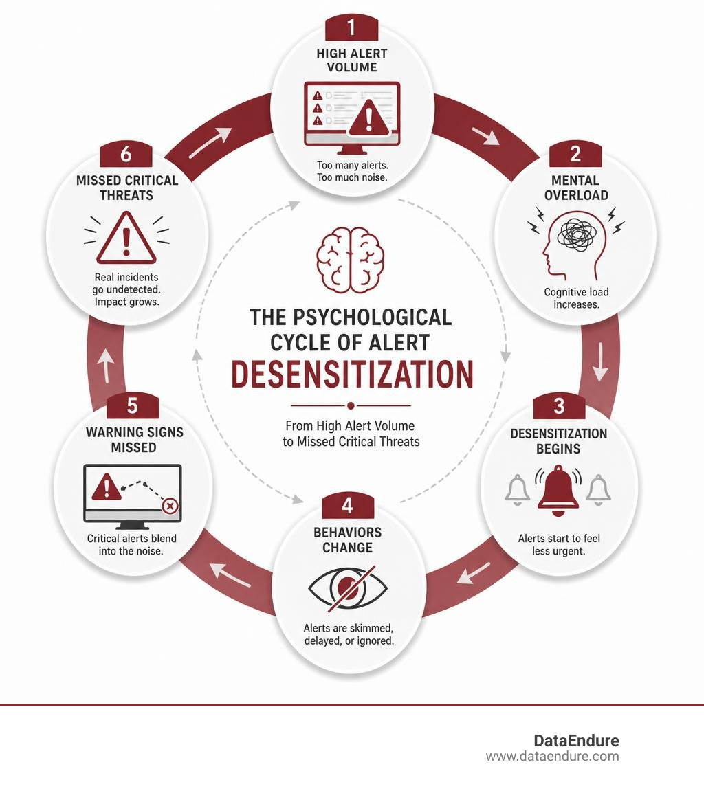 Psychological cycle of alert desensitization from high alert volume to missed critical threats infographic Psychological cycle of alert desensitization from high alert volume to missed critical threats infographic