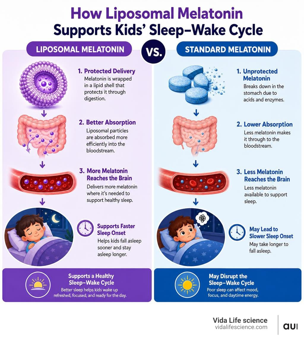 Infographic showing how liposomal melatonin supports kids' sleep-wake cycle vs standard melatonin infographic Infographic showing how liposomal melatonin supports kids' sleep-wake cycle vs standard melatonin infographic