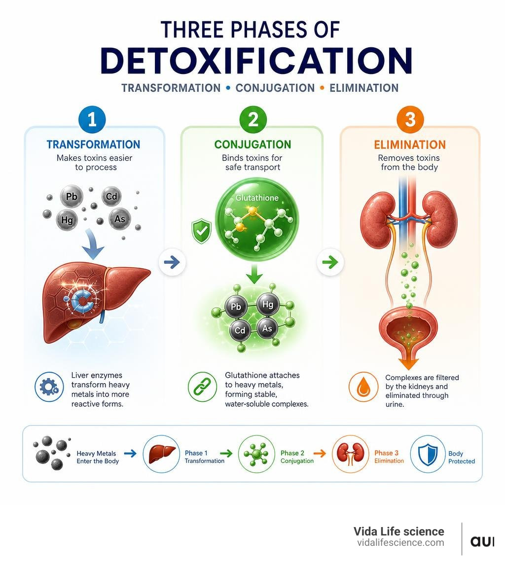 Three phases of detoxification: transformation, conjugation, and elimination explained visually infographic