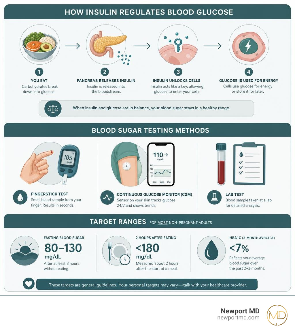 Infographic showing how insulin regulates blood glucose, testing methods, and target ranges infographic Infographic showing how insulin regulates blood glucose, testing methods, and target ranges infographic