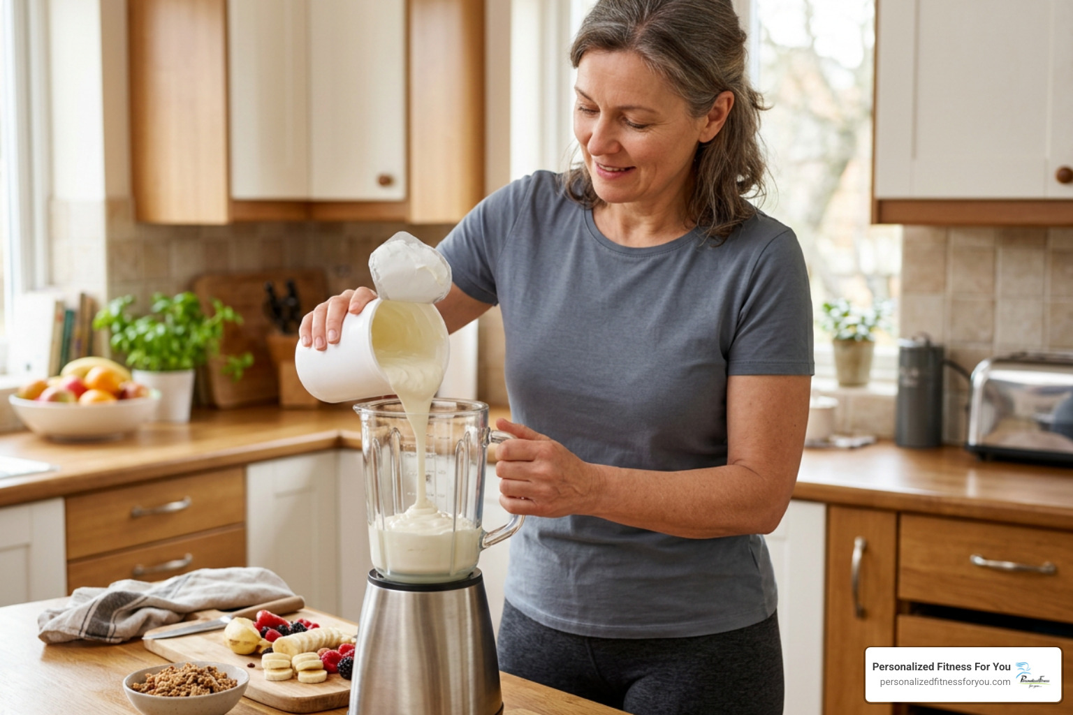 pouring organic Greek yogurt into a blender pouring organic Greek yogurt into a blender